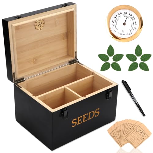 Professional-Designed Bamboo Seed Storage Box with Built-in Hygrometer, Double-Layer Airtight Lid and Safety Lock, Temperature-Stable Wooden Seed Organizer for Preservation, Great Gifts for Gardener