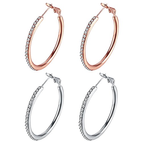 Rose Gold Silver Huggie CZ Hoop Earrings For Women Girls Cubic Zirconia Rhinestone Round Hoops For Sensitive Ears Set