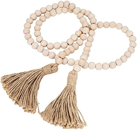 Prometis 58in/pc Farmhouse Wood Beads Garland Rustic Prayer Boho Country Beads with Tassels for Big Wall Hanging Decor (Nature)