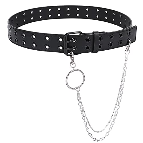 Women's Double Grommet Punk Belt with Chain Genuine Leather for Jeans