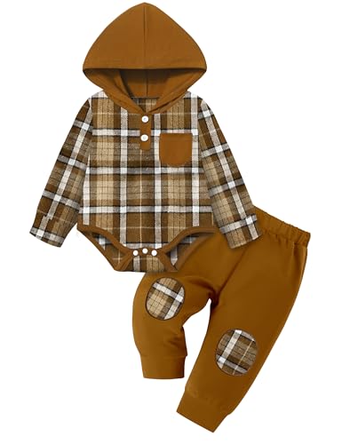 Fommy Baby Boy Clothes 6-9 Months Fashion Infant Boy Outfits Baby Brown Plaid Long Sleeve Hoodie Romper & Brown Pants Fall Winter 2 Pcs Clothes for Boy