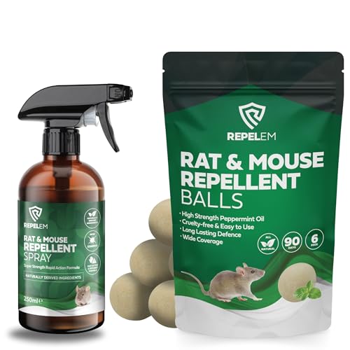 REPELEM Rat & Mouse Repellent Balls | Super Strength Peppermint Oil Mice Repellent, Humane Rat Poison Alternative (Rat & Mouse Repellent Kit with 250ml Rodent Repellent Spray)