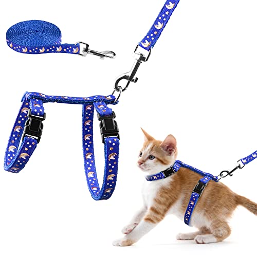Cat Harness And Leash Set Gold Moons Soft Nylon Escape Proof Adjustable For Kittens Small Animals Glow In The Dark(Blue) #TOP9