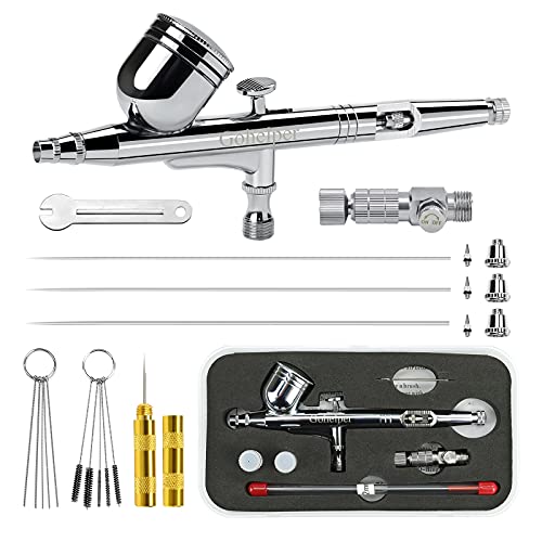 Gohelper Airbrush Kit, Dual-Action Airbrush Gun with 02mm, 0.3mm 0.5mm Nozzle Needles Cleaning Kit Air Brushes for Painting, Models, Cake Decorating, Nails Art, Makeup, Shoes, Clothes, Cookies, Crafts