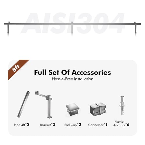 8ft Bar Foot Rail Kit - Stainless Steel 304 Satin Brushed Square Railing, Undercounter Mount Hardware and Tubing Complete Kit for Indoor and Outdoor by METRAXION - Image 2