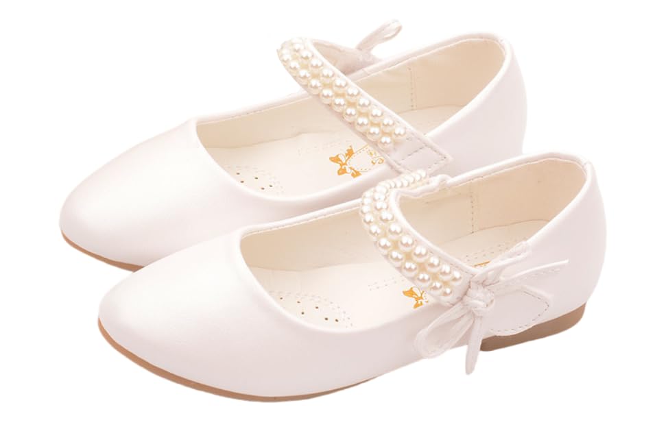 Girls Dress Shoes Mary Jane Sparkly Ballet Flats for Kids Pearl Chain Princess Shoes for Dress-Up Party 8006