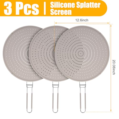 Tioncy 3 Pcs Silicone Splatter Screen for Frying Pan Grease Oil Splatter Collapsible Splash Guard Heat Resistant Multi Use for Baking and Cooking(Gray)