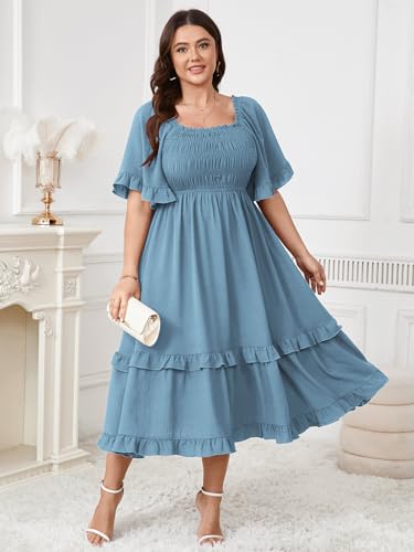 Image of SCOMCHIC Women's Plus Size Maxi Dresses Summer Short Sleeve Square Neck Smocked Wedding Guest Cocktail Boho Long Dress