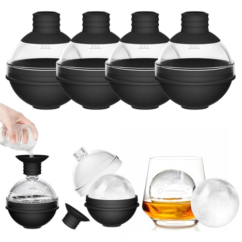 Stampo Grandi Cubetti di Ghiaccio Rotondi con Coperchio a Imbuto - Stampo in Silicone da 6 cm per Ghiaccio per Whisky, Cocktail, Vino e Altre Bevande (4 Pezzi) - Stampi Circolari Riutilizzabili Facili