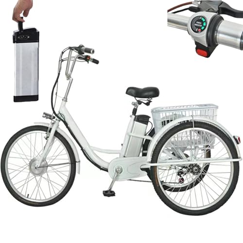 WhFKLca Triciclo EléCtrico De 24" para Adultos - Carga Máxima: 150 Kg, Bicicleta EléCtrica De 3 Ruedas, BateríA ExtraíBle De 250 W, 48 V, 12 Ah, AutonomíA De 30 Km, con Cesta para La Compra,White