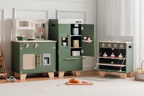 ROBOTIME Play Kitchen with Toy Fridge Toy Oven Wooden Kids Kitchen Play Set Toy Kitchen Set for Kids Age 3 4 5 6 7 (Vintage Green)