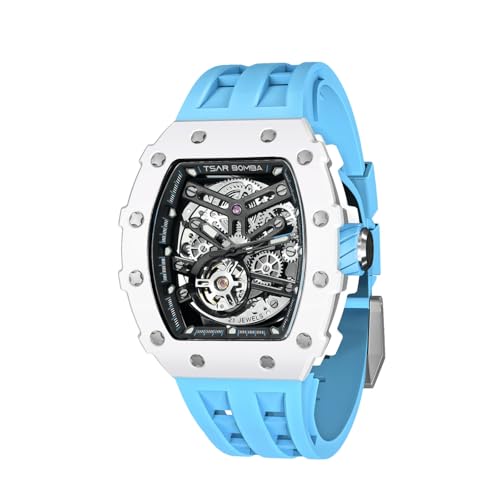 Image of TSAR BOMBA Men's Automatic Watch Tonneau Luxury Skeleton Watches for Men Mechanical 50M Waterproof Analogue Watches Mens Unique Cool Square Big Face Dial Wristwatch with Silicone Strap Band