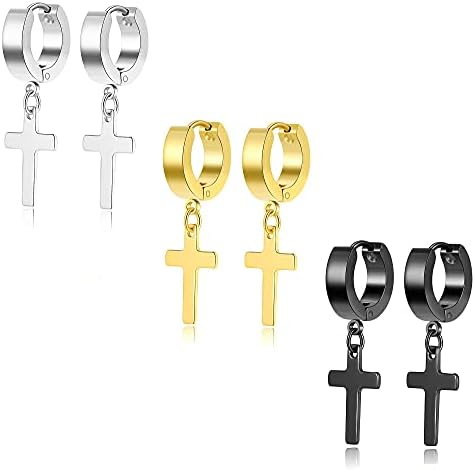 Szory 3 Pairs Stainless Steel Cross Earrings for Men Women Dangle Hoop Earrings Silver Gold Black
