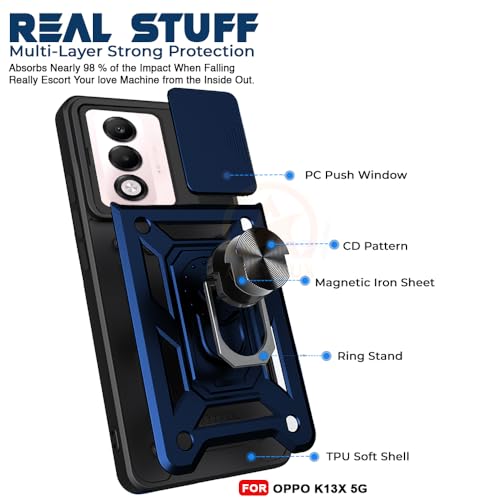 Image of Armor Bumper Back Cover Case for Oppo K13X 5G | Rotating Camera Cover, Ring Holder & Kickstand | Heavy Duty & 360 Degree Protection Oppo K13X 5G Back Cover (Blue)