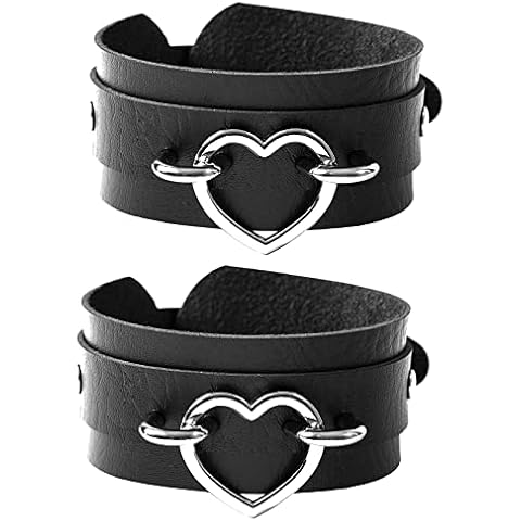 Manfnee 2Pack Punk Goth Bracelet for Man Women Leather Heart Metal Studded Cuff Wide Wristband Black Cover