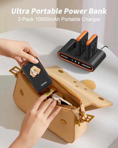 Image of GOODaaa Portable Charger, 3-Pack 10000mAh Slim Power Bank Built in Cables, 3 Outputs 1 Inputs Family Power Hub for All Mobile Devices, Charging Station Set Includes 140 DlY Stickers, for Home,Office