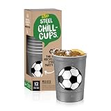 Steel Chill Cups 16 oz. Party Cup Soccer Design for Cold Drinks, Durable, Disposable, Recyclable, Made in USA, Gray, 12 Count