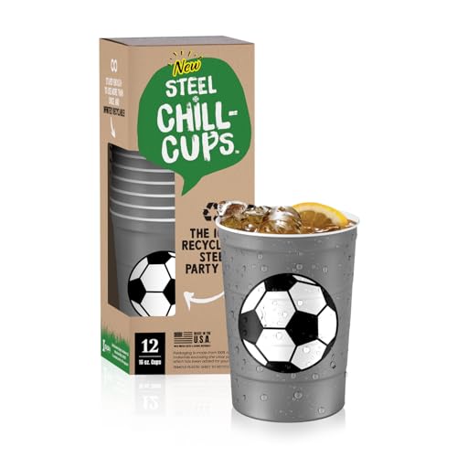 Steel Chill Cups 16 oz. Party Cup Soccer Design for Cold Drinks, Durable, Disposable, Recyclable, Made in USA, Gray, 12 Count