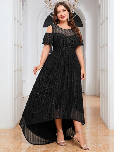 Image of ZOMVA Plus Size Sparkly Mesh Maxi Dress Cold Shoulder Ruffle Sleeve High Low A Line Dresses Wedding Guest Cocktail Party
