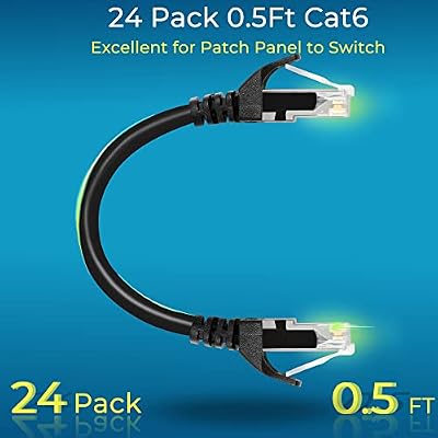 كابلات Rapink Patch Cat6 0.5ft (24 Pack) ، كابل Ethernet Patch 10G ، كابل Cat 6 Patch للوحة Patch للتبديل ، كابل Cat 6 Ethernet المرن مع أسود مطلي بالذهب
