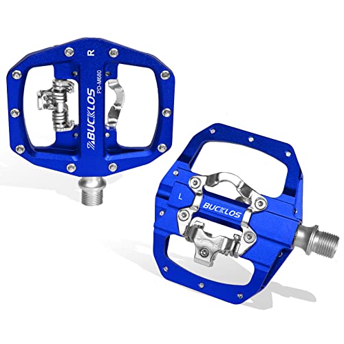 BUCKLOS Pedales de bicicleta de montaña PD-M680 SPD MTB, compatibles con tacos Shimano SPD, 3 rodamientos sellados dobles sin plantilla plana y SPD, pedales de aluminio de 9/16 pulgadas (azul)