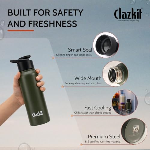 Image of Clazkit Alpha Sporty Stainless Steel Water Bottle Single Wall 750ml Set of 4| Lightweight, Leak-Proof, Reusable | Ideal for School Kid,Office, Gym & Travel | Green