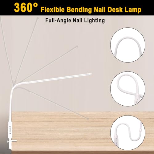 CGBE Extra-lange 60 cm Nageltischlampe: 360° Verstellbare Tischlampe für Nagel mit 3 Farbmodi und 5 Helligkeiten - Touch Steuerung - LED Dimmbare Klemmlampe für Maniküre Basteln Lesen Lernen - Weiß