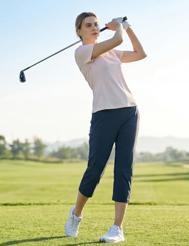 Image of baleaf 20'' Women Capris with Pockets Stretch Golf Work Dress Cropped Pants Straight Leg High Waisted Pull On Summer