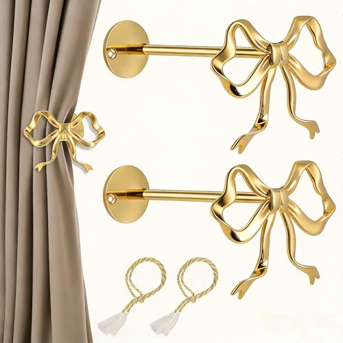 2 Pack Jumbo Bow Curtain Holdbacks, Wall Mounted Large Metal Gold Curtain Tiebacks, Curtain Holders for Wall, Elegant Window Hook for Home Decor, with 2 Pcs Curtain Ties by Yimerlen - Used condition - US$12.39