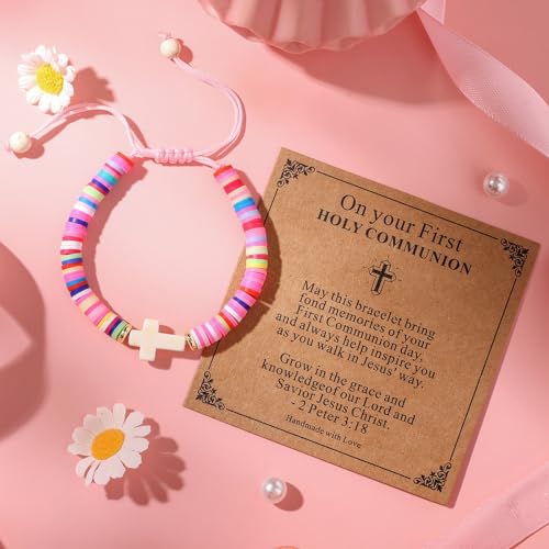 Image of Adjustable Colorful Cross Bracelet Gift Box Set for Girls | White cross, scripture card for baptism first communion confirmation Easter Christmas birthday