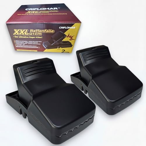XXL Rattenfalle 21cm – 2er Pack Große Schlagfalle für Ratten, Wiederverwendbar, Heavy Duty, Effektive Falle, Schwarz