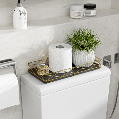Lixple Toilet Paper Basket Holder, 13" Bathroom Tray Countertop, Wood and Metal Toilet Tank Tray Bathroom Vanity Organizer for Toiletry, Kitchen Sink Organizer for Soap Dispenser (Black + Gold)