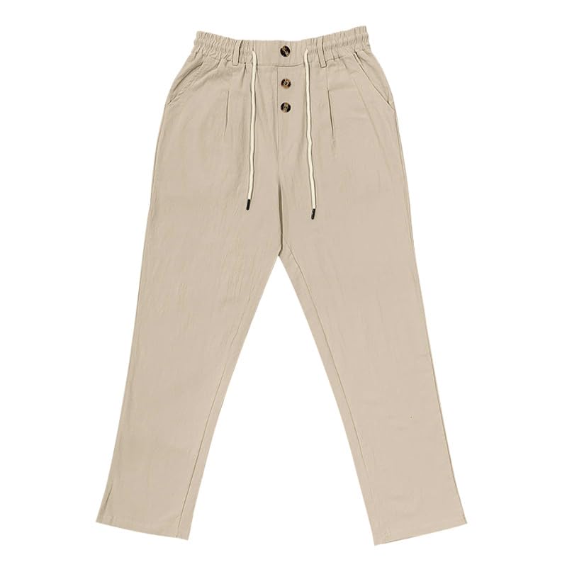 Men's Casual Linen Pants Loose Fit Elastic Drawstring Waist Straight-Legs Buttoned Summer Fashion Outdoor Yoga Pants3
