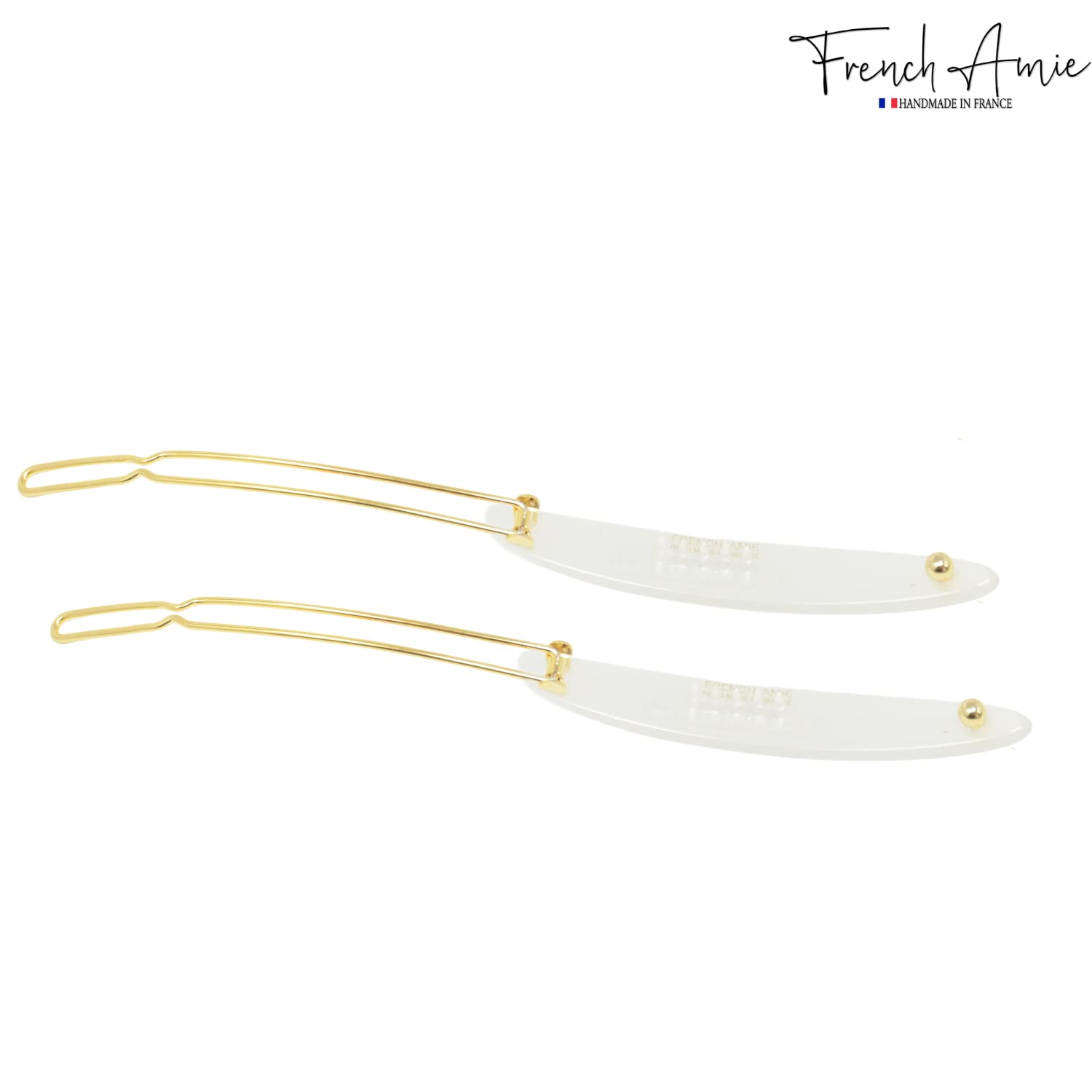 French Amie Narrow Oblong Small 2 1/4" Celluloid Acetate Set of 2 Side Slide In Hair Clip Barrettes with Tige Boule Clasp for Girls and Women, Made in France (Natural White)
