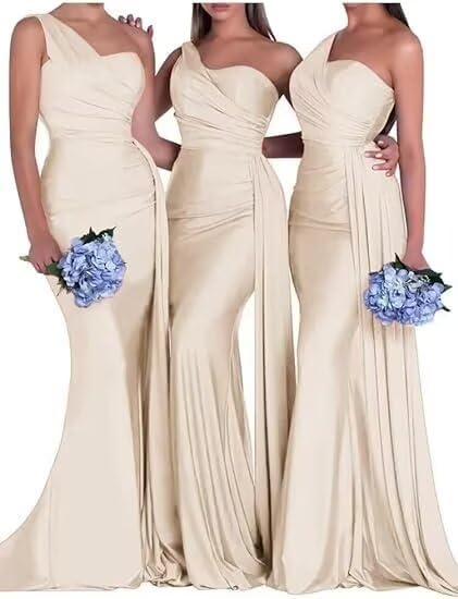 Image of One Shoulder Bridesmaid Dresses for Wedding Long Satin Bodycon Prom Dress Mermaid Formal Evening Gowns