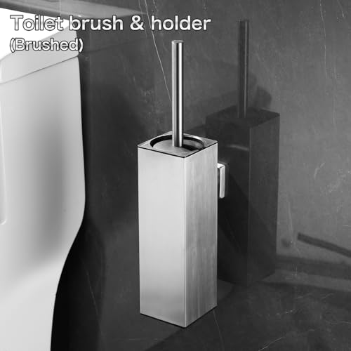 Image of Toilet Brush Set, Brushed Wall-Mounted Toilet Brush Holder | Square Stainless Steel Toilet Brush for the Bathroom-Drill-Hole Installation, Long Handle with Splash-Proof Plastic Cover