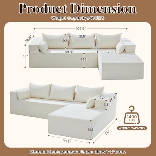Image of 106 inch Cloud Sectional Boneless Couches for Living Room, Modular L Shaped Couch with Deep Seat Oversized Right Facing Chaise, Memory Foam Compressed Spineless 3 Seater Sofa for Apartment, Beige