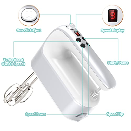 9-Speed-Digital-Hand-Mixer-Electric-400W-Powerful-DC-Motor-Baking-Mixer-Handheld-with-Snap-On-Storage-Case-5-Stainless-Steel-Accessories-Flat-Beaters-Dough-Hooks-Whisk-Silvery-White