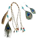 YUVKIN 2PCS Set de Accesorios Indio, Diadema Boho Hippie para Mujer, Aretes de Plumas Bohemios, Banda Trenzada para el Cabello, Complemento para Disfraz de Indio Mujer
