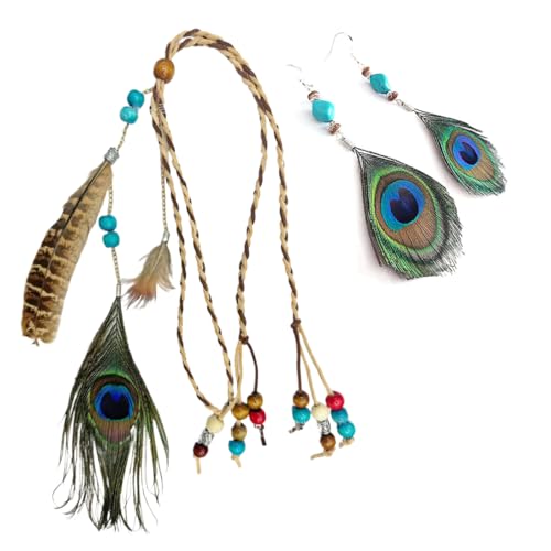 YUVKIN 2PCS Ensemble Bijoux Indien, Bandeau Hippie Bohème Femme, Boucles d'oreilles Plumes, Bandeau Tressé, Accessoire de Costume Indien pour Femme