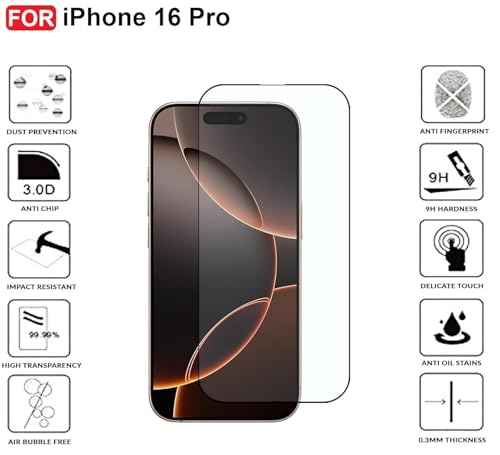 Image of Premium Tempered Glass Screen Protector Compatible with iPhone 16 Pro (6.1 Inch) | 9H Hardness | Edge to Edge Protection | Anti Scratch | Bubble Free Installation | HD Clear