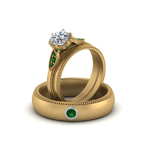 Image of Choose Your Gemstone Milgrain Matching Wedding Set for Couples Yellow Gold Plated Round Shape Wedding Ring Sets Matching Jewelry Wedding Jewelry Easy to Wear Gifts US Size 4 to 12