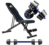 【ダンベル 可変式 3in1】2個セット 20KG アジャスタブル ダンベル バーベルにもなる ダンベルセット 重量調節 トレーニングベンチ ホームジム XYLD (青, 10)