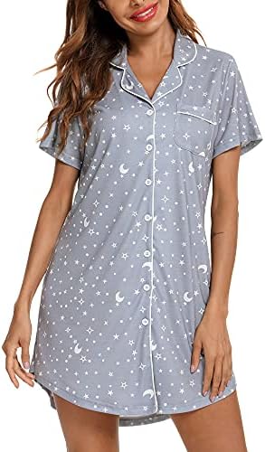 Womens Sleepshirt Short Sleeve Nightgown Soft Sleeping Shirts Loungewear Nightshirts Light Gray Star Moon L