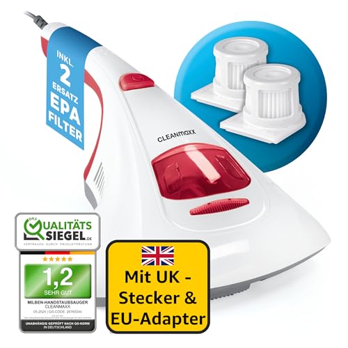 CLEANmaxx Milbensauger mit UK Stecker & Reiseadapter | Allergenbekämpfung & Sterilisation durch UV-C-Licht & Feinstaubfilter | Chemiefrei & sicher für Bett, Matratze etc. | Waschbarer Feinstaubfilter