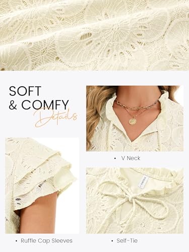 Funlingo Blouses for Women Dressy Casual Ruffle Cap Sleeve Eyelet Lace Boho Tops Summer Hollow Out Embroidered Shirts Trendy Clothes 2026 Beige 3XL — view 5