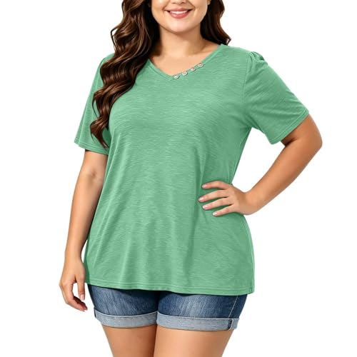 UHBYGV Womens Plus Size Summer Tops 2026 V Neck Short Sleeve Shirts Business Casual Loose Fit Blouse Comfy Basic Tees