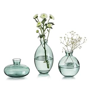 Glasseam Green Glass Bud Vase, 3Pcs/Set Modern Decorative Small Mini Flowers Vases Short Minimalist Aesthetic Home Decor Vintage Cute Handmade Tiny Wedding Table Centerpieces for Single Flower Rose