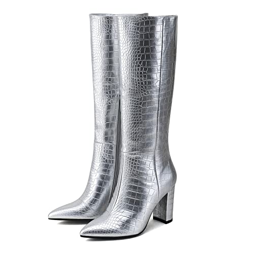Modatope Tall Boots For Women Silver Metallic Boots Knee High Boots Faux Crocodile Boots Thigh High Long Boots Size 10 #TOP5
