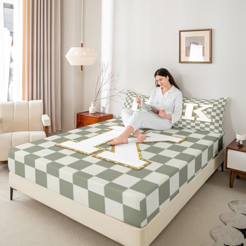 Image of Erosebridal Sage Green Checkered Bed Sheets Queen Plaid Initial K Sheet Set Personalized Monogram Bedding Set for Kids Boys Girls,Fashion Grids Gingham Fitted Flat Sheets 4 Piece